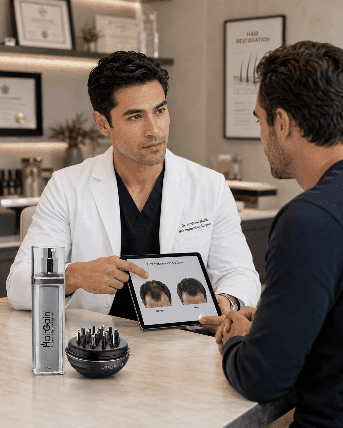 Dr. Andrew Malik, Hair Restoration Surgeon reviewing before-and-after results with a patient