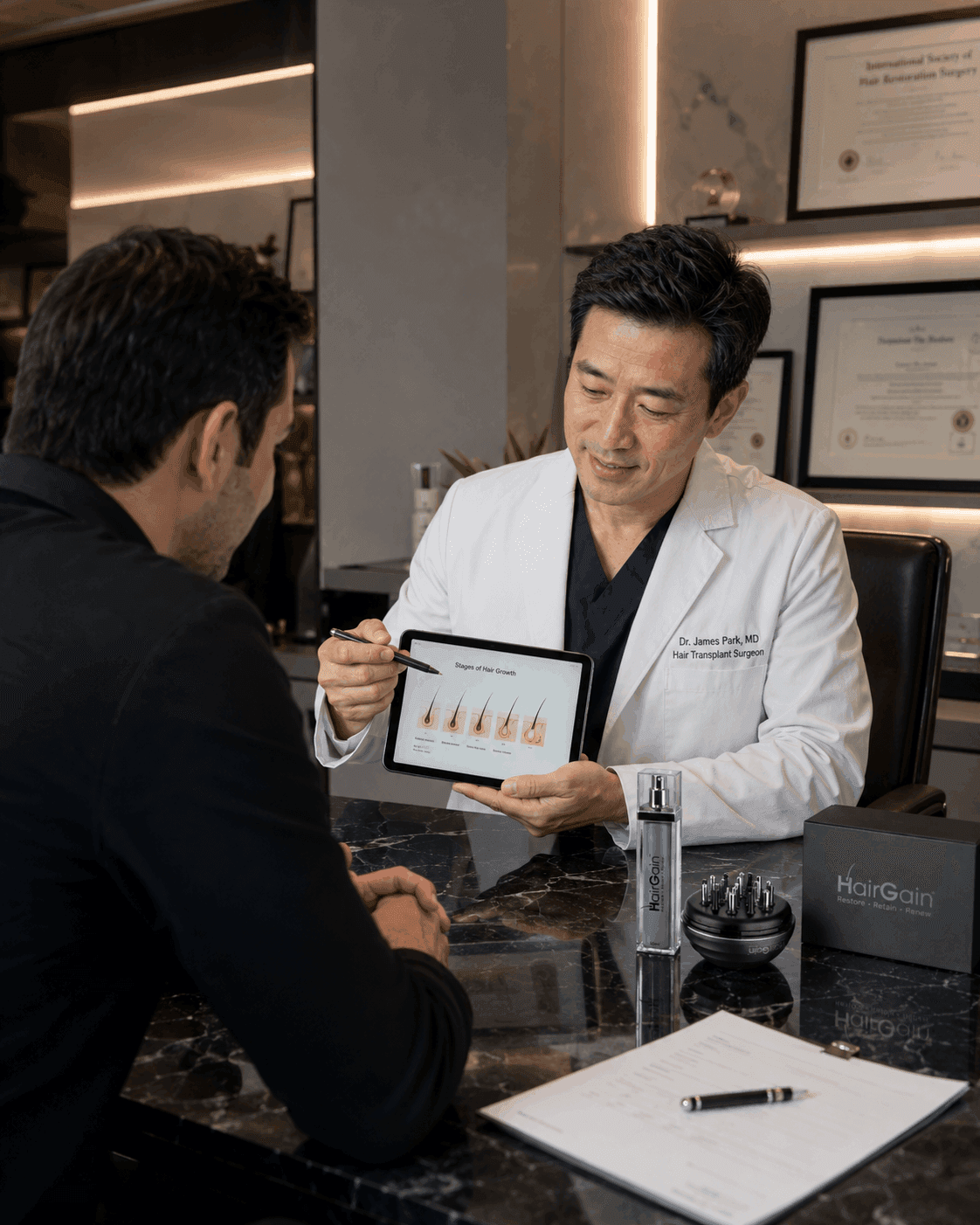 Dr. James Park, MD, Hair Transplant Surgeon explaining hair growth stages with HairGain® products