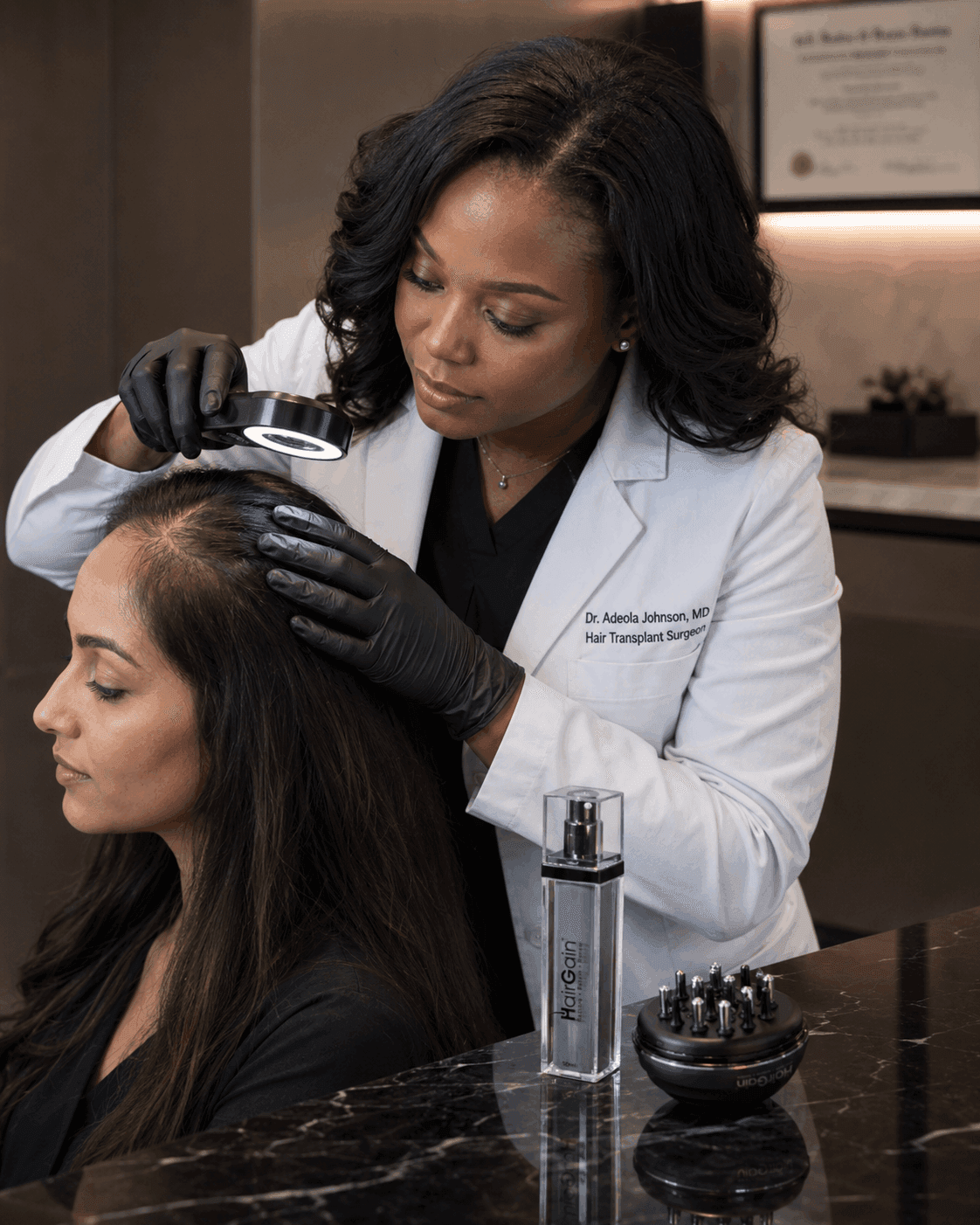 Dr. Adeola Johnson, MD, Hair Transplant Surgeon examining a patient's scalp with HairGain® products
