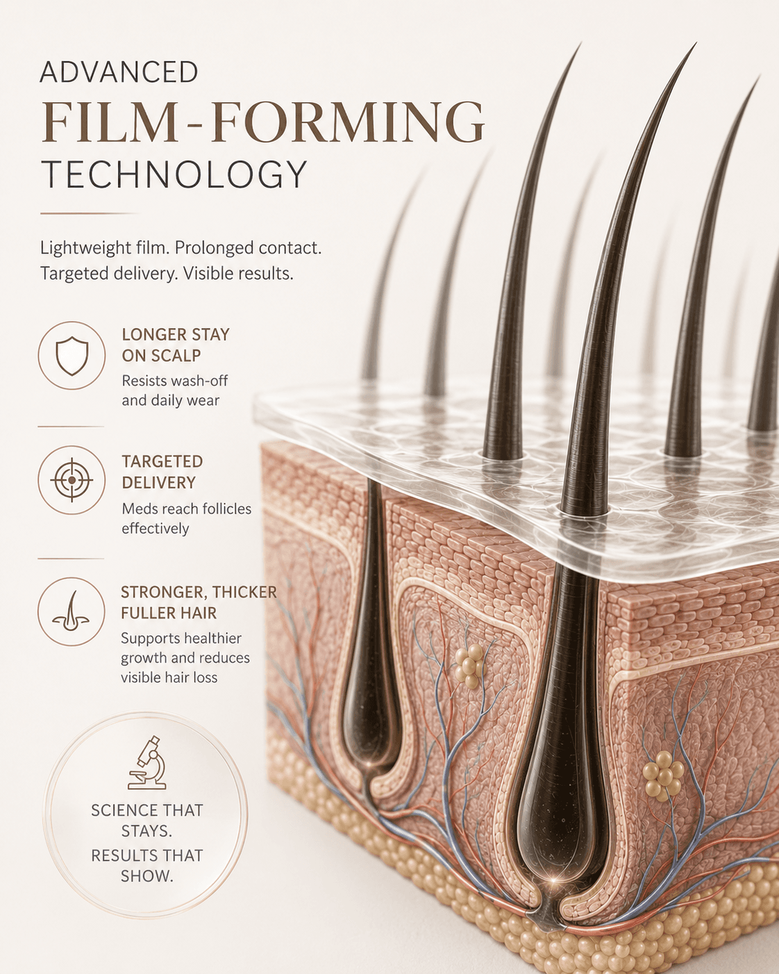 Follicentra scalp-retention system showing film-forming technology on the scalp